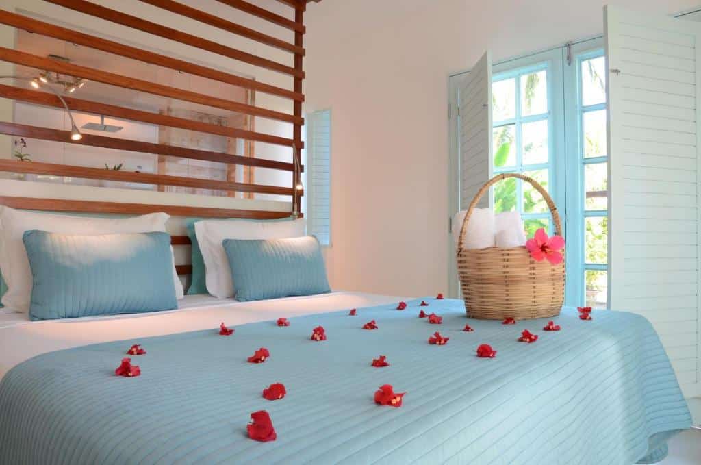 Uma cama com uma capa azul e pétalas de flores vermelhas, dois travesseiros e uma cesta de vime com toalhas e uma flor perto das janelas.