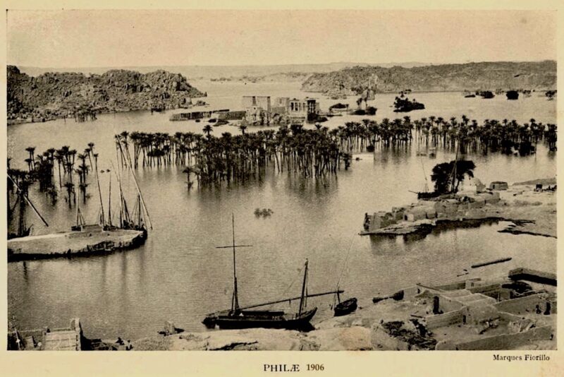 Black and white photo of the island of Philae, which was submerged because of the completion of the Aswan Low Dam. 