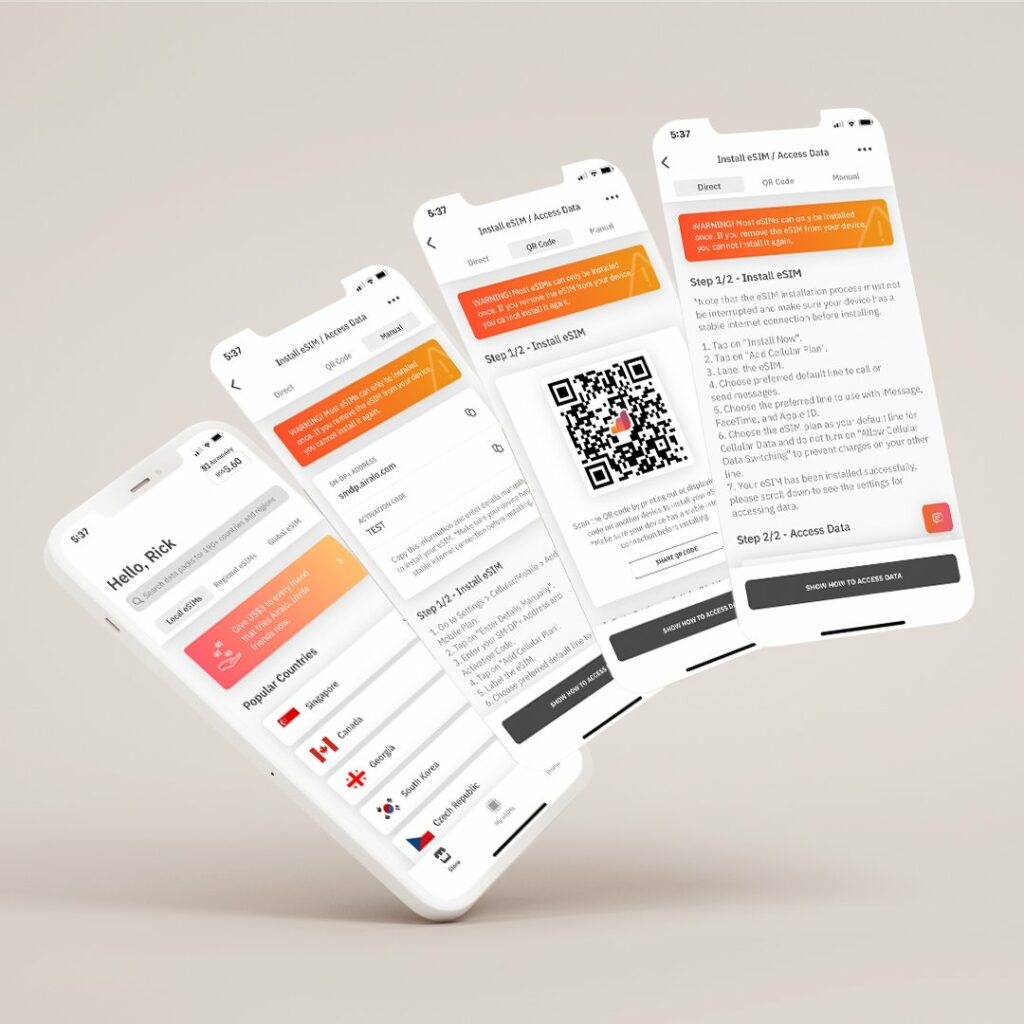 Imagem ilustrativa, com o fundo cinza, com o desenho de 4 telas diferentes do eSIM Airalo. A 1° mostra a tela inicial do app, a 2° a tela com as instruções de ativação manual, a 3° mostra a tela com as instruções de ativação por QR-code e a 4° mostra as instruções de ativação direta