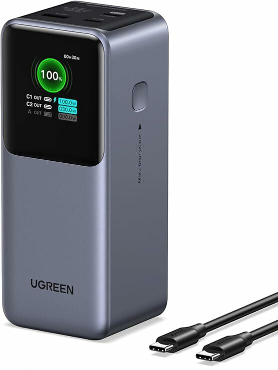 UGREEN Nexode Power Bank 20000 mAh de 130 W, carregador portátil com 2 USB C e 1 tipo A bateria externa com ecrã