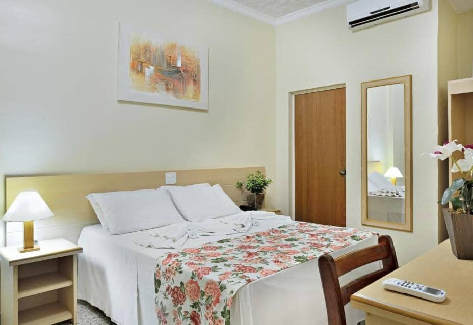 Quarto no Dan Inn Barretos com uma cama de casal, uma mesinha ao lado com um abajur, do outro lado da cama uma mesinha com um vaso de planta, um quadro na parede, uma porta de madeira e ao lado um espelho grande, para representar hotéis em Barretos.