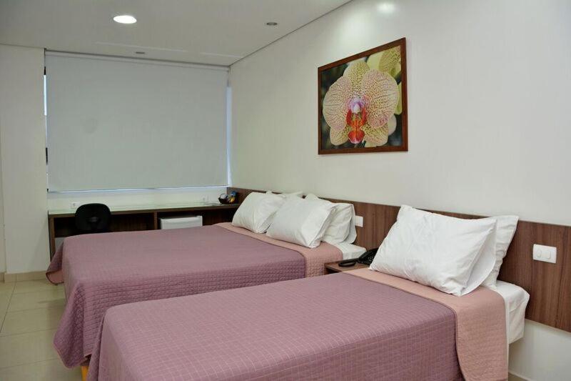 Quarto de hotel simples com paredes brancas, quadro decorativo com flor, uma cama de casal, uma cama de solteiro com colchas rosa e uma bancada com cadeira ao fundo. Imagem para ilustrar o post hotéis em Teresina.