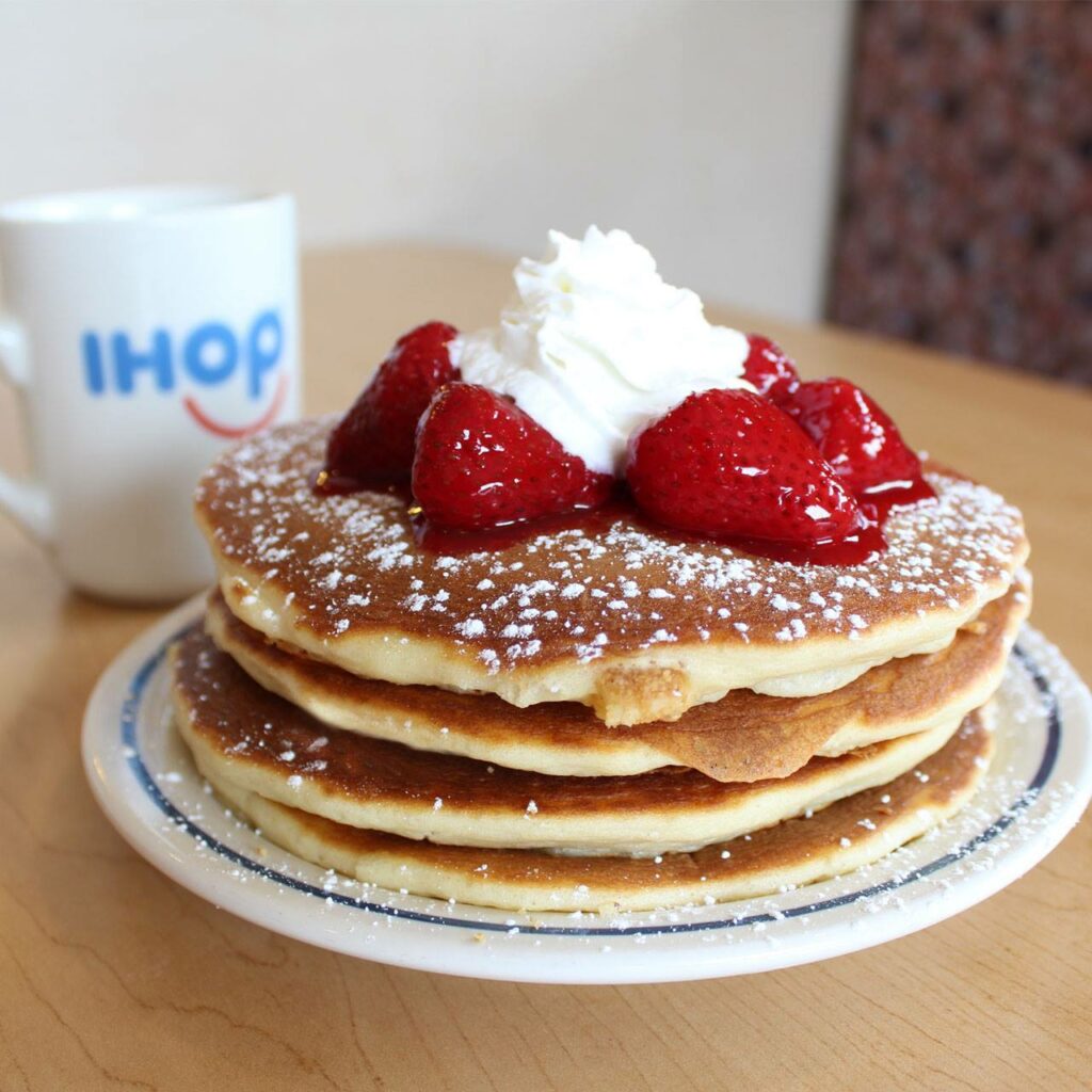 Típicas panquecas no IHOP, em Orlando, com algumas empilhadas com morangos e chantily no topo, com uma caneca branco com símbolo da empresa, que é seu próprio nome, em azul