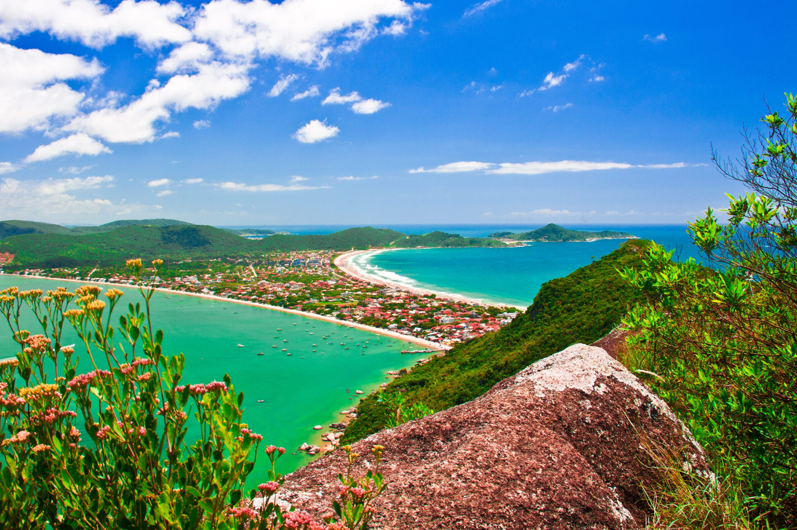 Morro com flores e bastante vegetação verde com vista panorâmica do mar. O mar é separado por uma parte terrestre, com algumas casas e árvores verdes, e de cada lado há uma praia, sendo um lado o mar mais azulado e outro mais esverdeado
