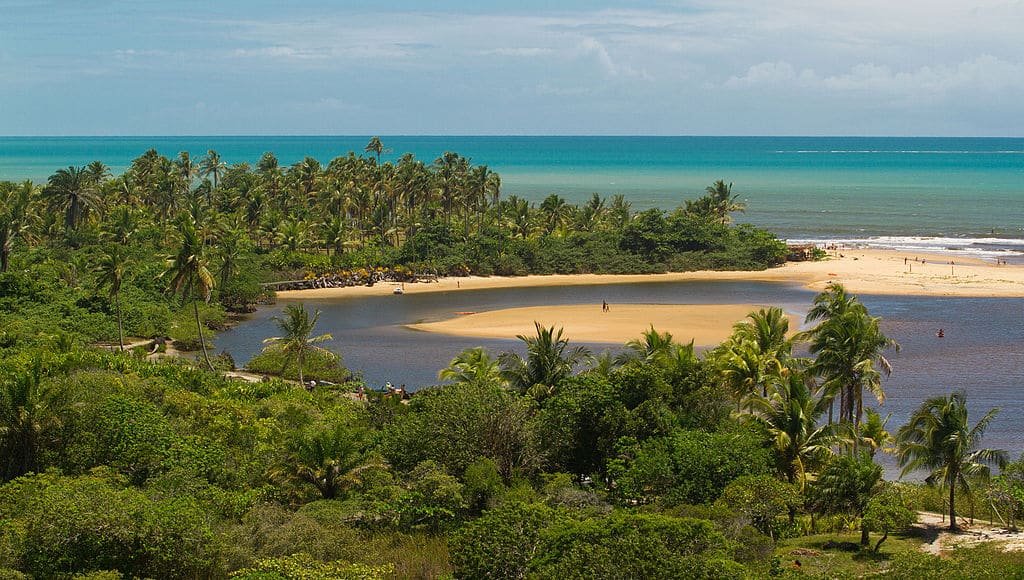 Uma praia de areia em Caraíva curva-se entre um rio e o oceano, cercada por palmeiras e densa vegetação verde.