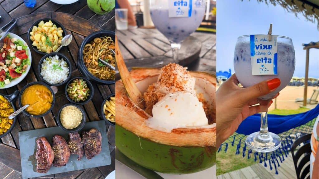 Colagem de 3 fotos com pratos de comida e um drink do Paju Praia, um beach club na praia do Gunga. A primeira é uma mesa redonda de madeira com vários pratos, incluindo carne, batata frita, macarrão com frutos do mar, bobó de camarão e etc. A segunda (meio) é de uma sobremesa dentro de um coco com duas bolas de sorvete e cocada dentro. A terceira imagem (à direita) é de uma mão segurando um drink roxo, com uma rede ao fundo e uma praia