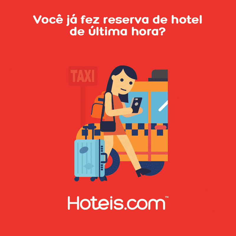 Ilustração de mulher com celular, mala, bolsa e mochila, em frente a táxi.