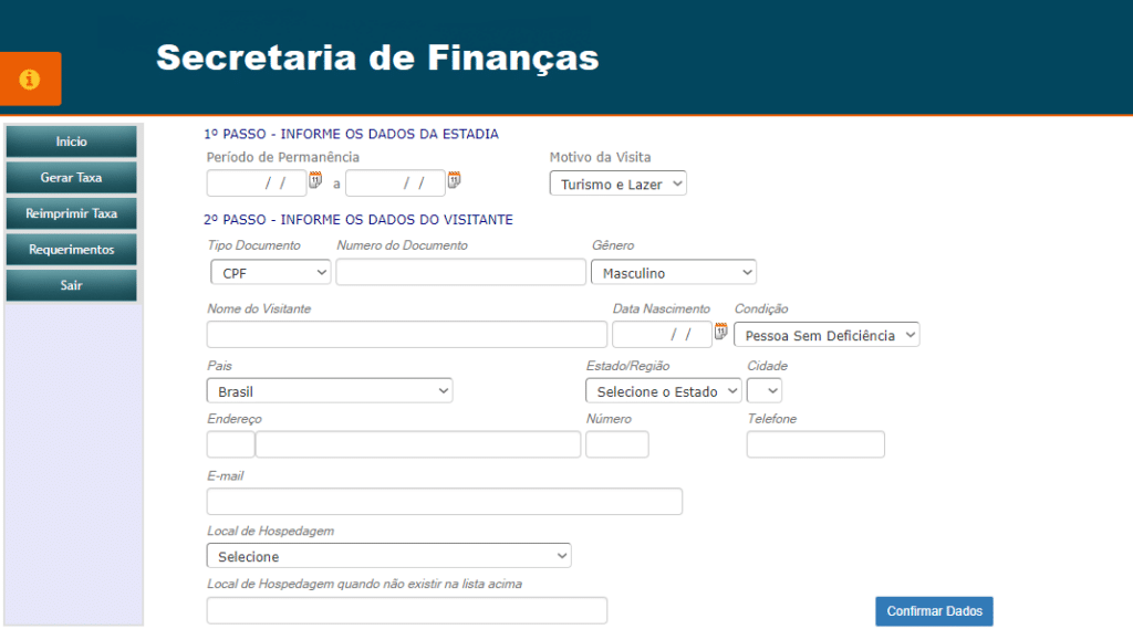 Captura de tela da aba "Gerador de taxa", no site da Prefeitura Municipal de Jericoacoara. Mostra os passos para realizar a compra da taxa de turismo de Jericoacoara.