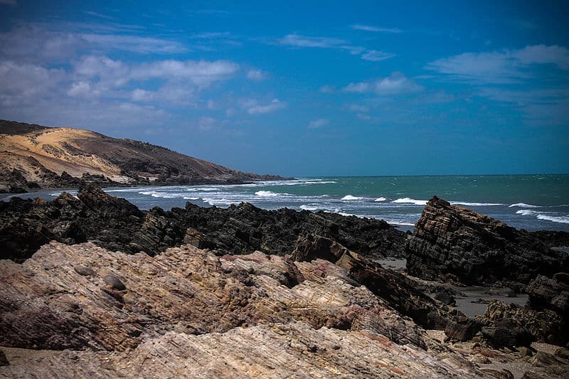 Imagem da Praia da Malhada. Há várias rochas no primeiro plano, e no segundo está o mar. A foto representa o post sobre o que fazer em Jericoacoara.