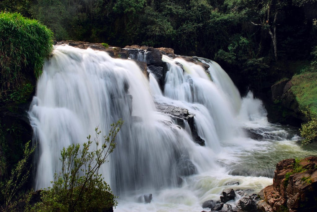 Cachoeira do Véu das Noivas caindo sobre formações rochosas cercadas por árvores e folhagens verdejantes em uma área florestal em Poços de Calda.