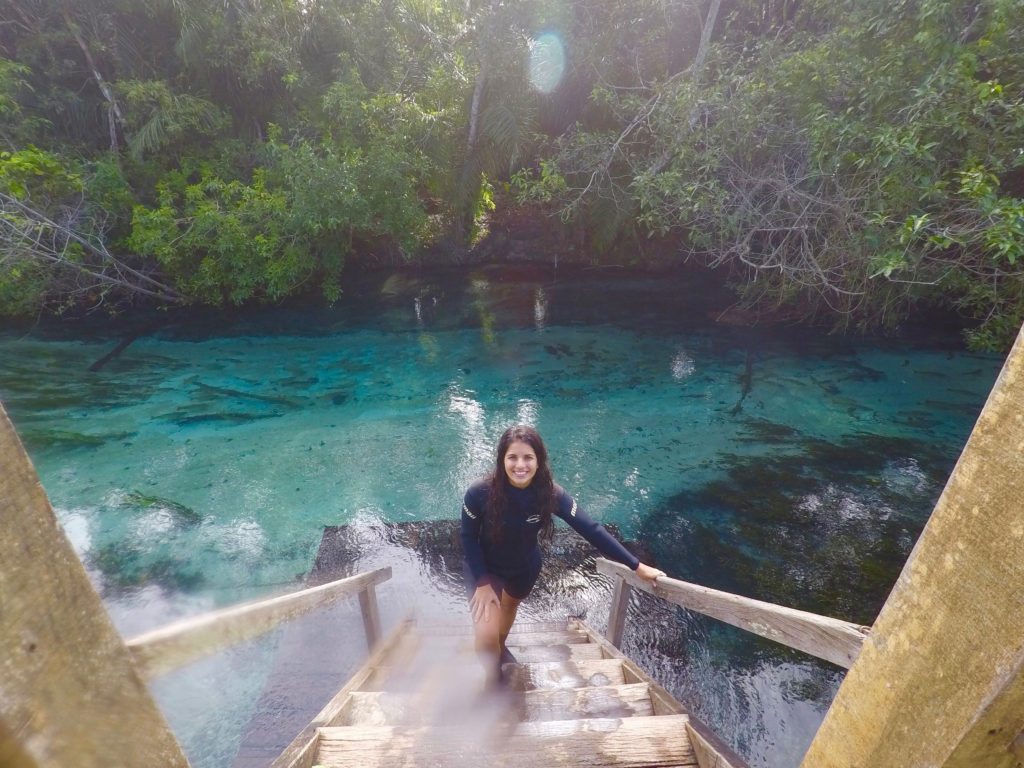 Uma pessoa está no meio de uma escada de madeira que leva a uma fonte azul-clara cercada por árvores verdejantes.
