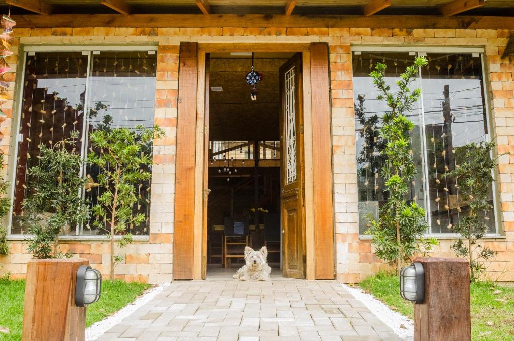 Um pequeno cachorro está deitado em um caminho pavimentado em frente a uma porta de madeira aberta de um prédio de tijolos com grandes janelas, na propriedade da Alma Brava.