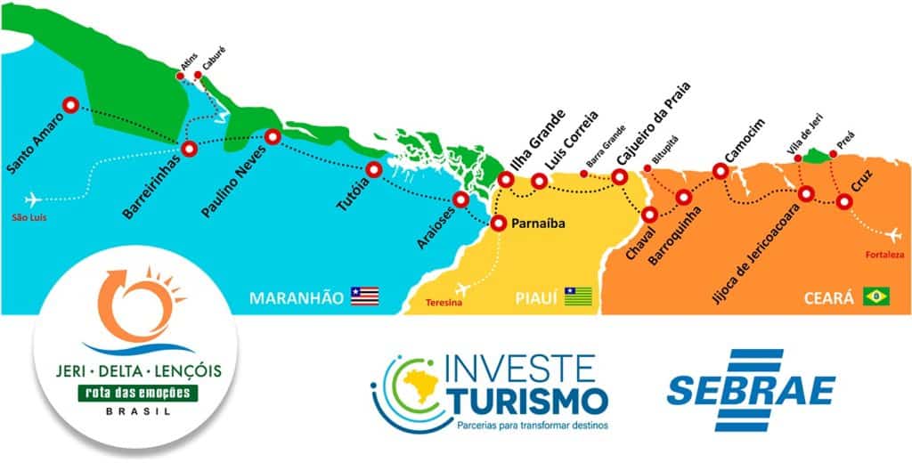 Mapa ilustrativo da Rota das Emoções, com algumas cidades do percurso