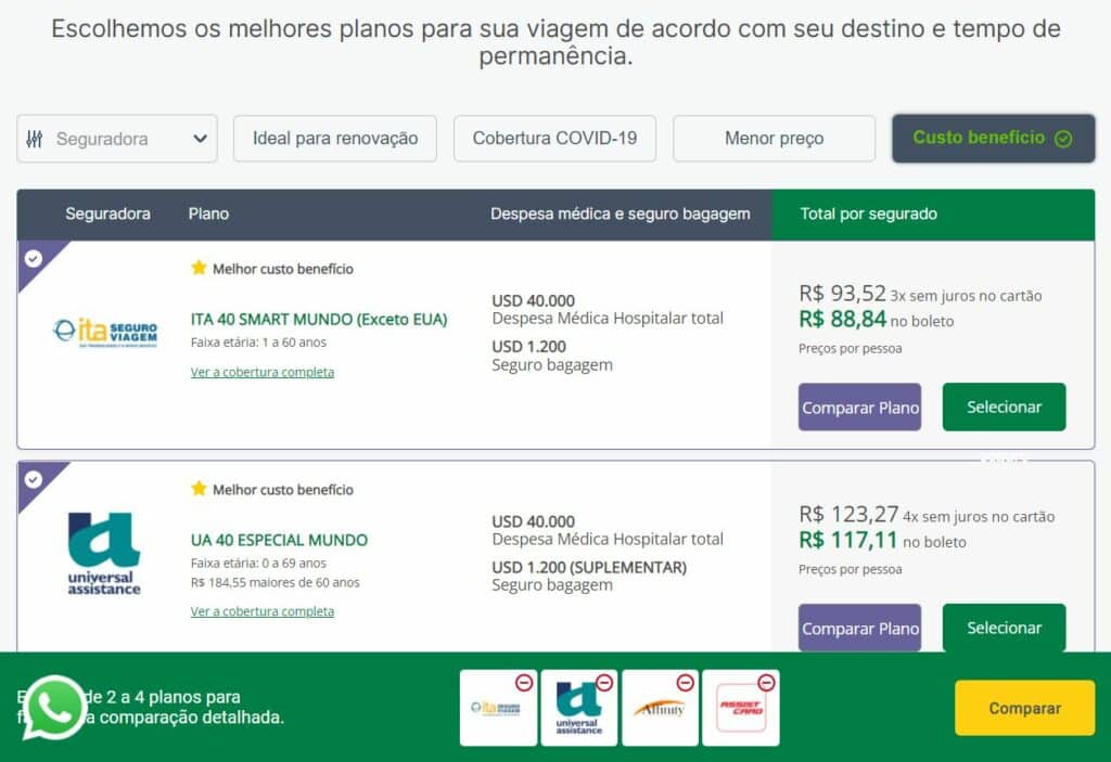Tela da Seguros Promo mostrando opções de seguro viagem Montserrat