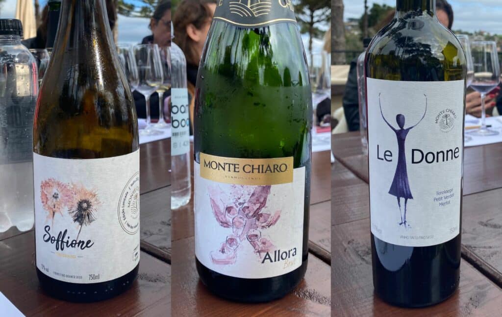 Rótulos com as artes feitas com vinho, no método aquarela, da Monte Chiaro, uma das vinícolas em Bento Gonçalves